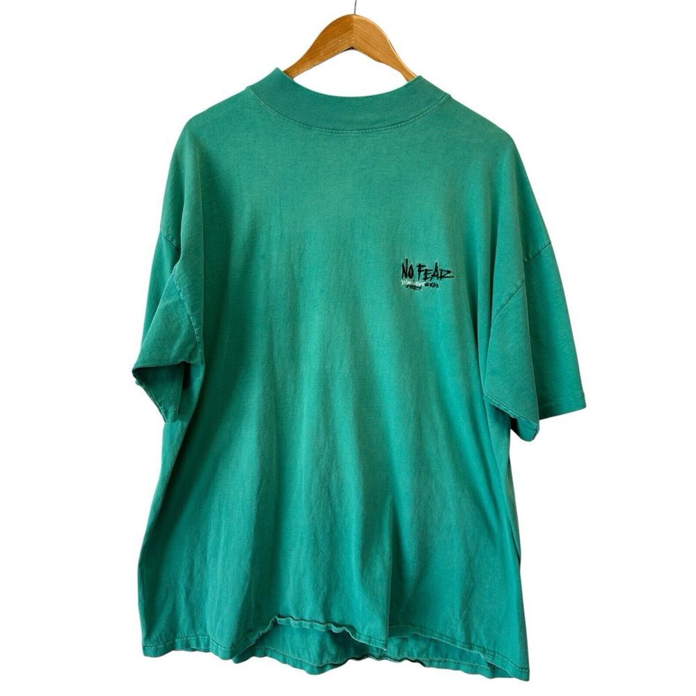 Vintage NO FEAR Single Stitch 90's T-Shirt Teal Size XL High Neck